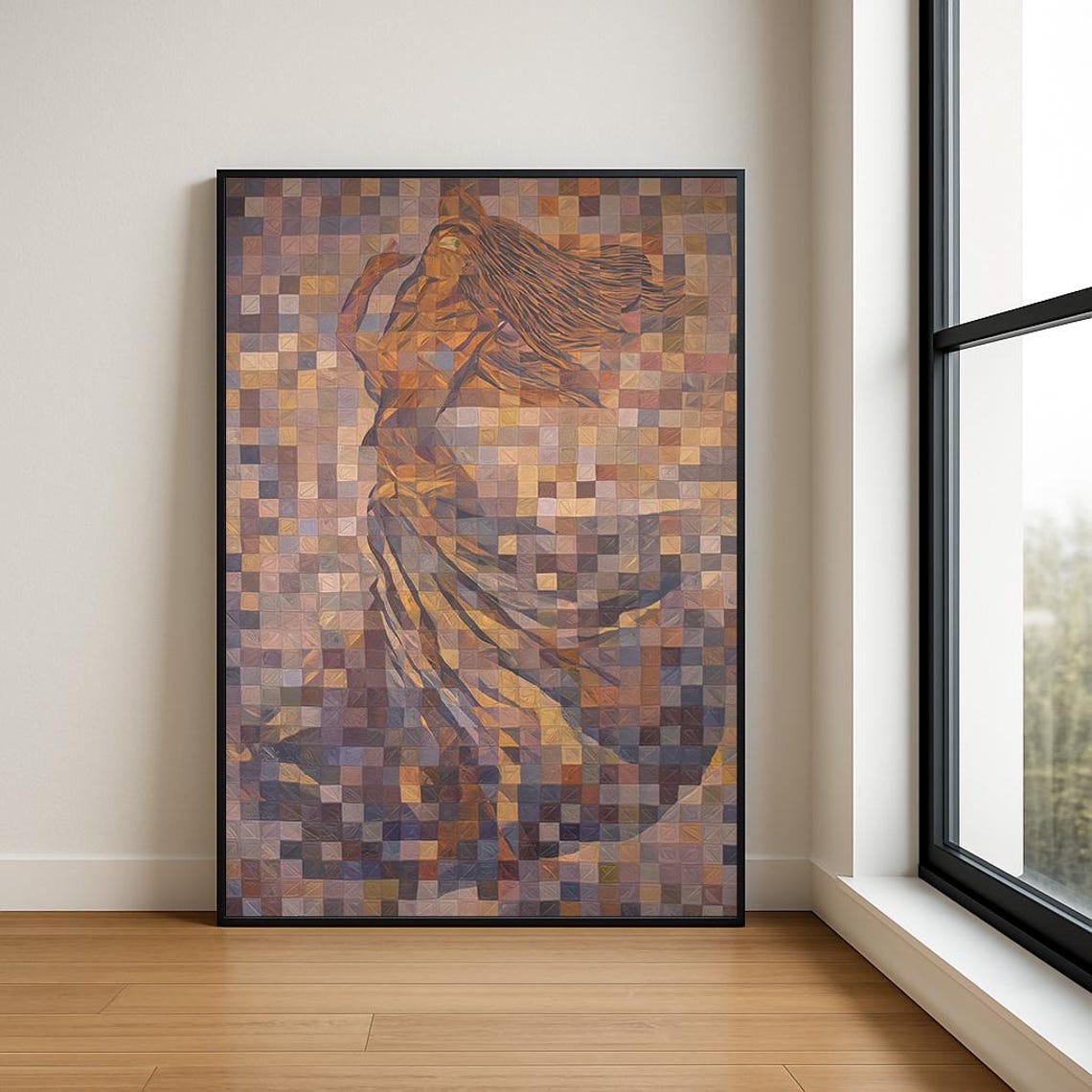 Earth Tone Mosaic Dancer with Flowing Hair Abstract Tile Art Poster