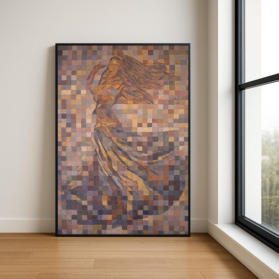 Earth Tone Mosaic Dancer with Flowing Hair Abstract Tile Art Poster