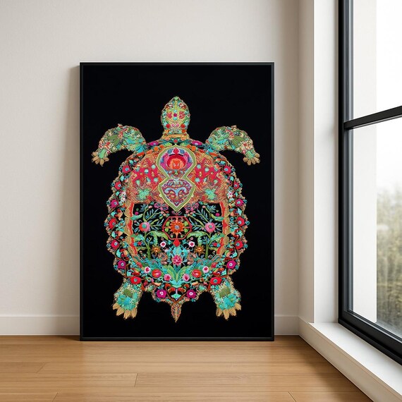 Colourful Embroidered Animal Wall Art Boho Illustration Print Vibrant Textile Style Home Decor
