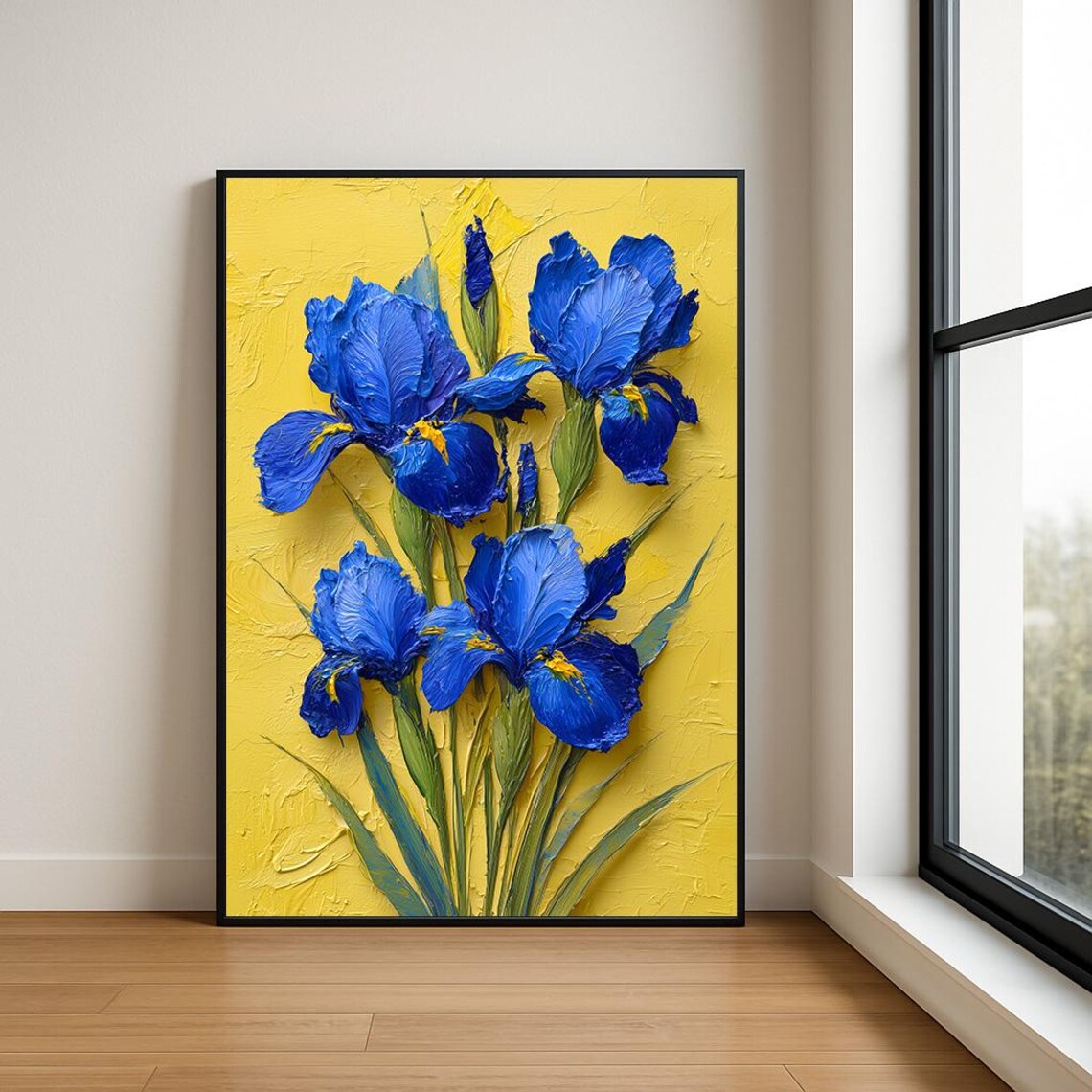 Blue Irises on Vivid Yellow Textured Impasto Oil Painting Poster