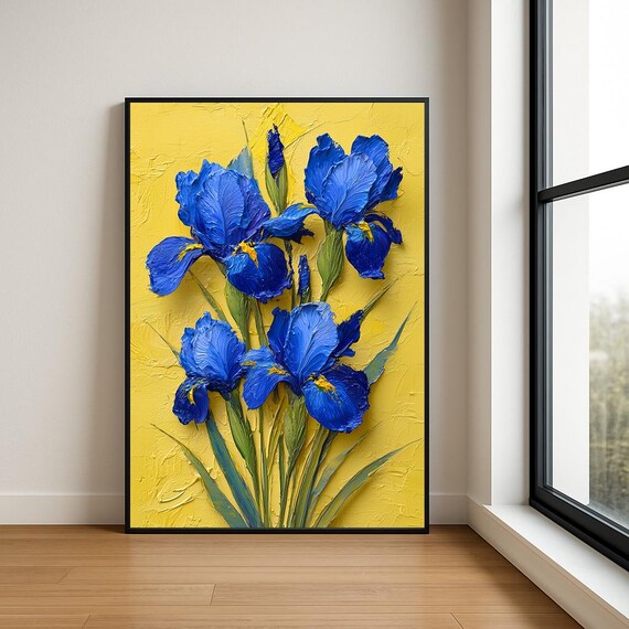 Blue Irises on Vivid Yellow Textured Impasto Oil Painting Poster
