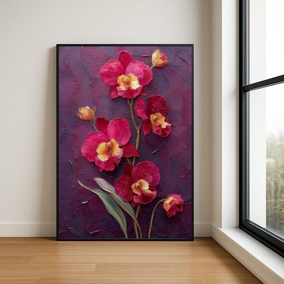 Pink Orchids on Deep Purple Impasto Textured Oil Painting Poster