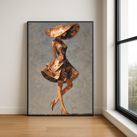 Copper Dancing Lady in Wide Hat Textured Oil Painting Wall Art