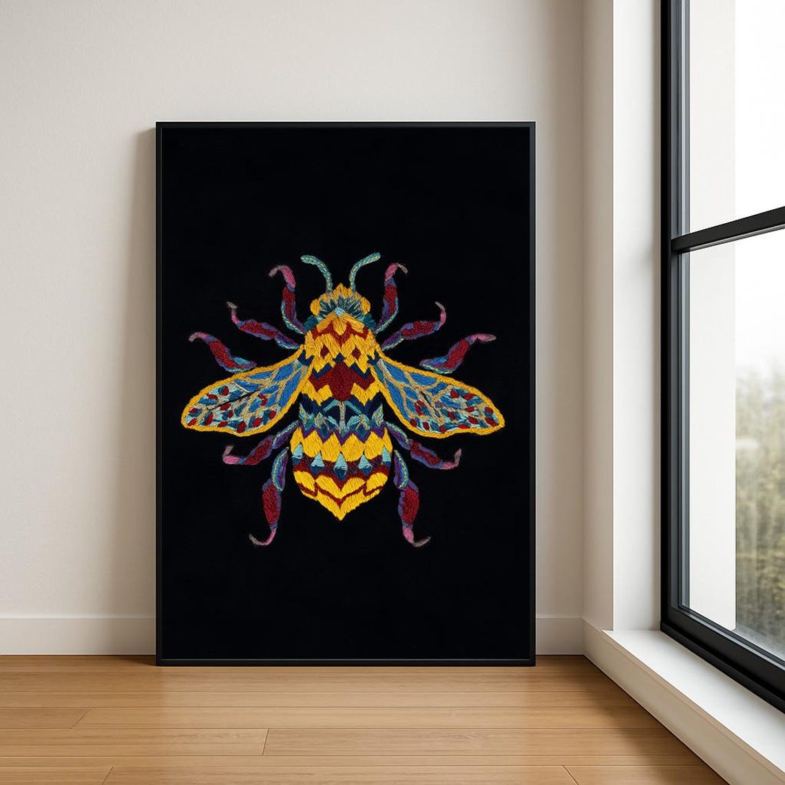 Colorful Embroidered Honey Bee Floral Boho Insect Poster On Black