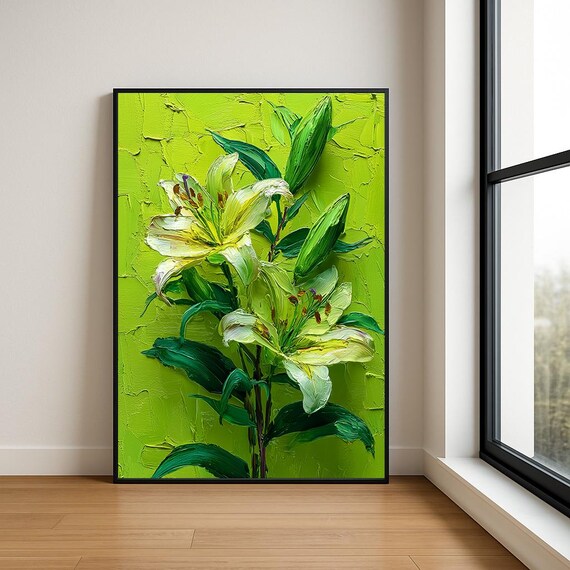 White Lily Blooms on Vivid Green Impasto Oil Painting Art Poster