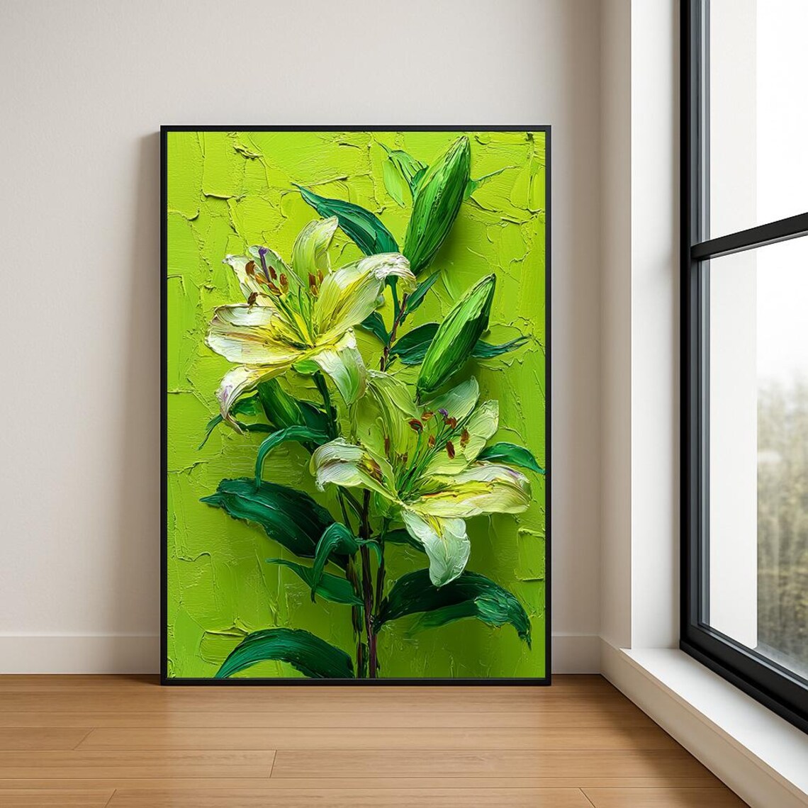 White Lily Blooms on Vivid Green Impasto Oil Painting Art Poster