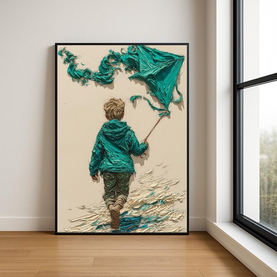 Boy With Teal Kite Walking Cream Background Impasto Oil Painting Poster