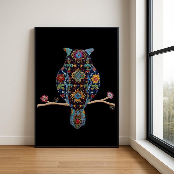 Colourful Embroidered Animal Wall Art Boho Illustration Print Vibrant Textile Style Home Decor