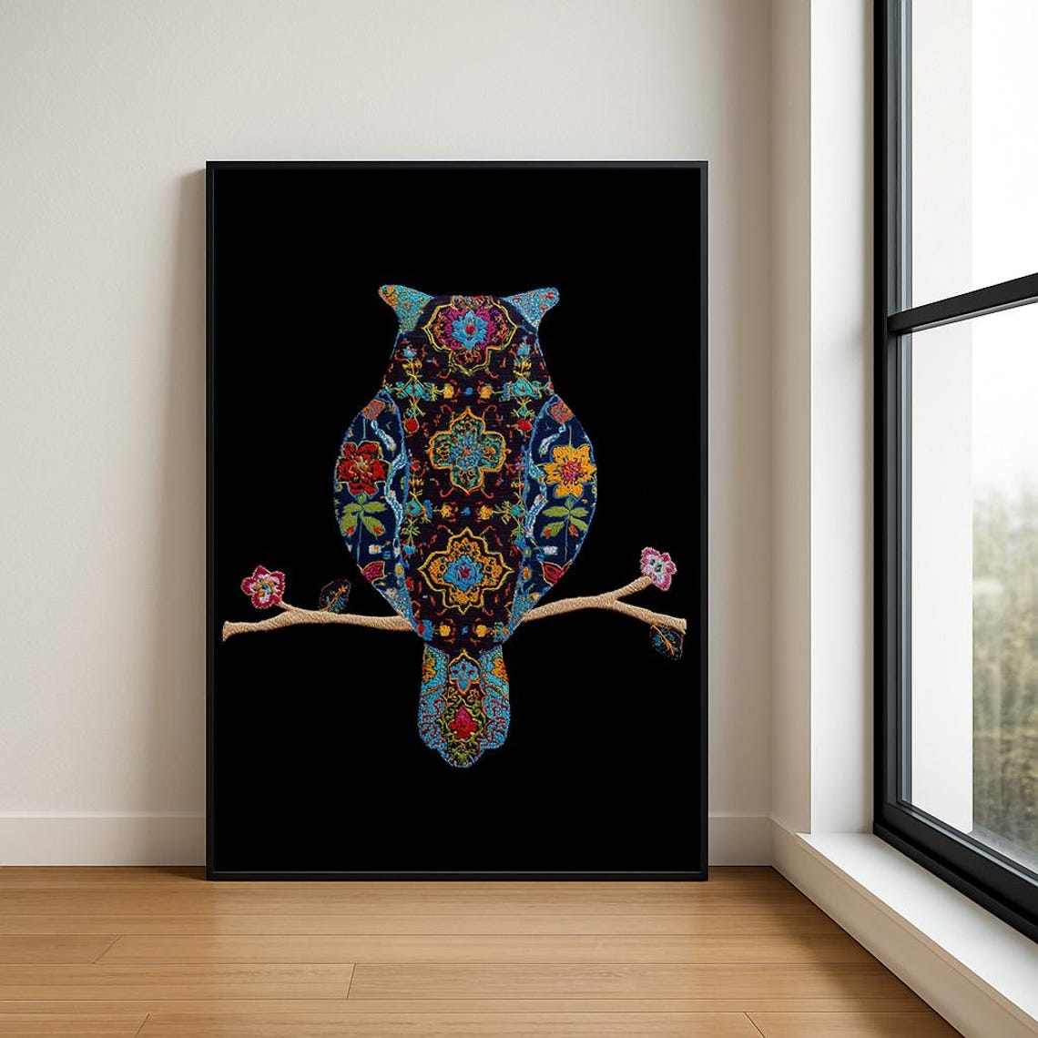 Colorful Patterned Owl Floral Folk Art Bird on Branch Poster
