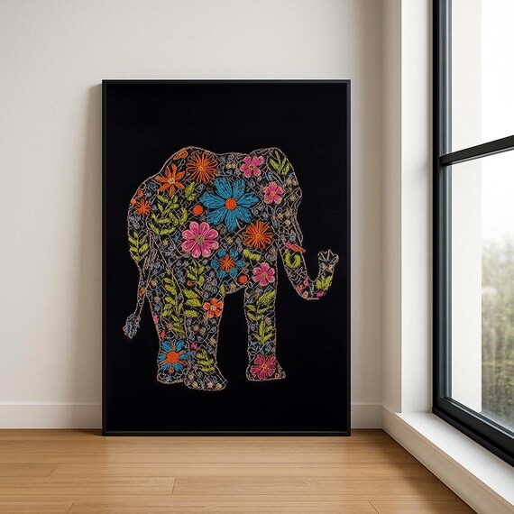 Colourful Embroidered Animal Wall Art Boho Illustration Print Vibrant Textile Style Home Decor