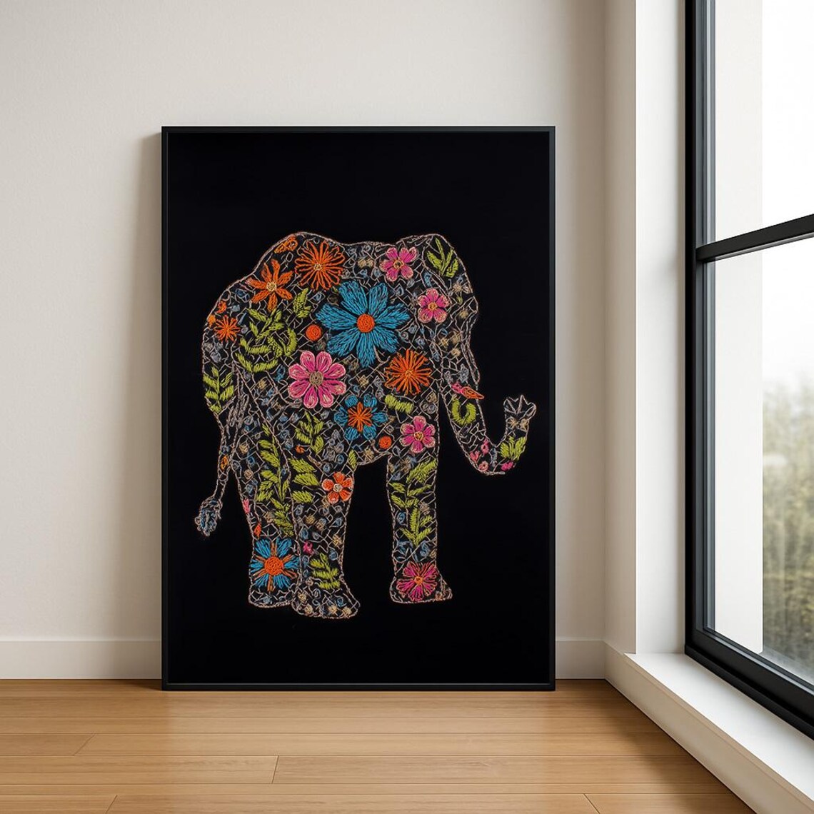 Floral Embroidered Elephant Side View Colorful Folk Art Poster