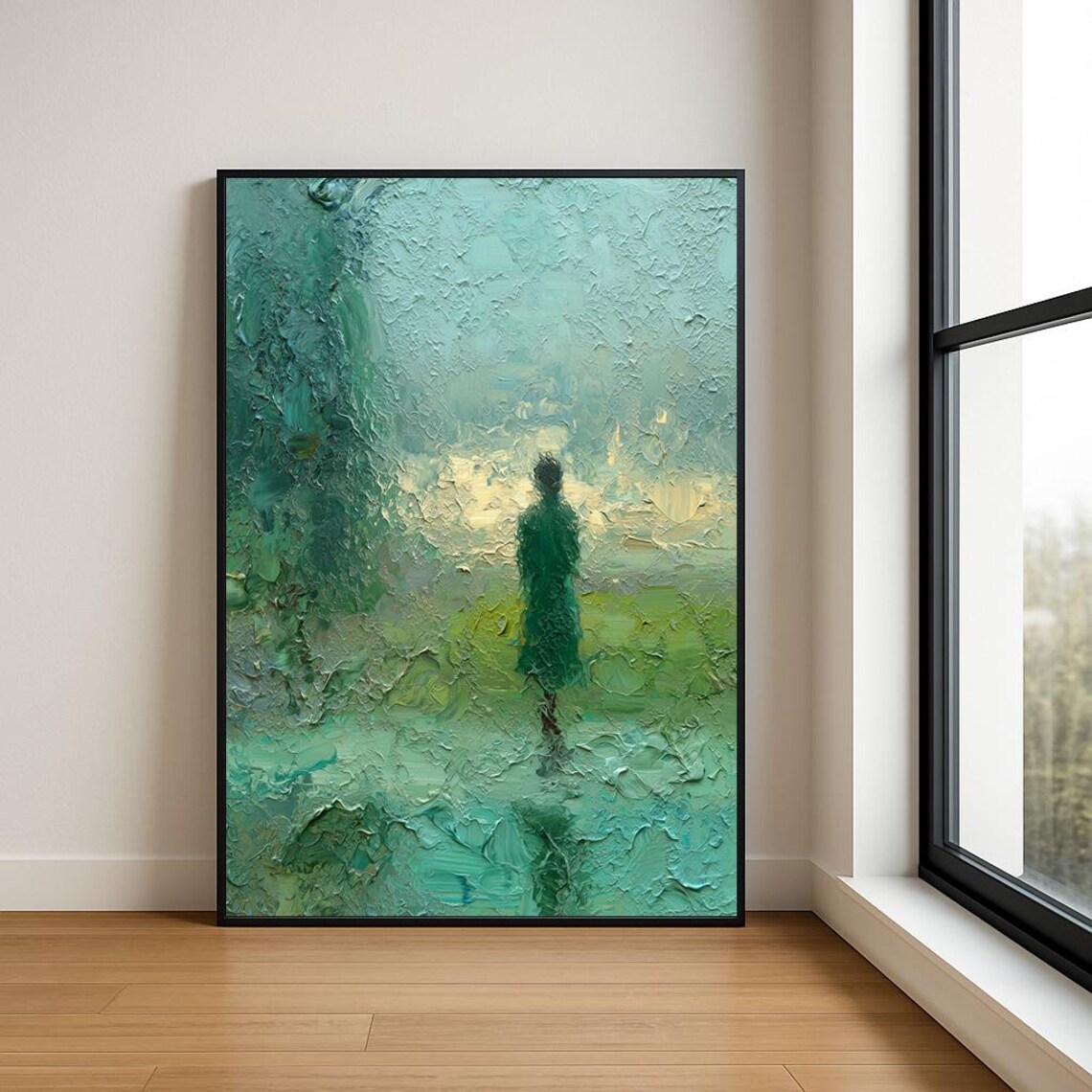 Solitary Figure Green Impasto Oil Painting Abstract Figurative Poster