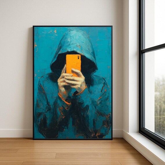 Hoodie Selfie Wall Art Print Modern Textured Oil Painting