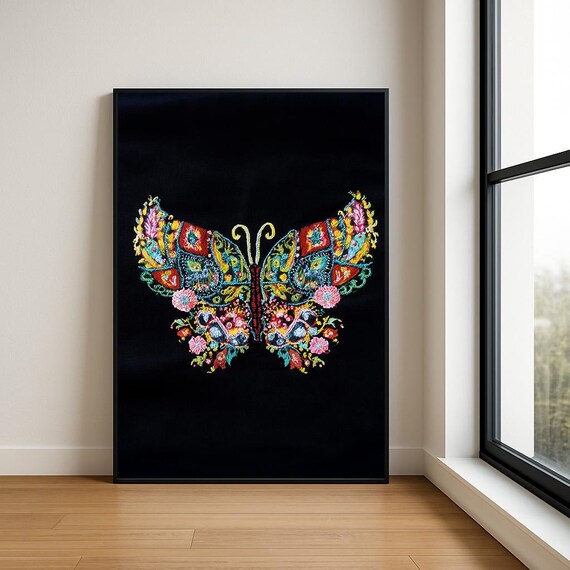 Colourful Embroidered Animal Wall Art Boho Illustration Print Vibrant Textile Style Home Decor