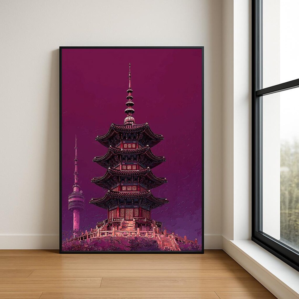 Korean Pagoda Seoul Tower Magenta Night Skyline Landmark Poster