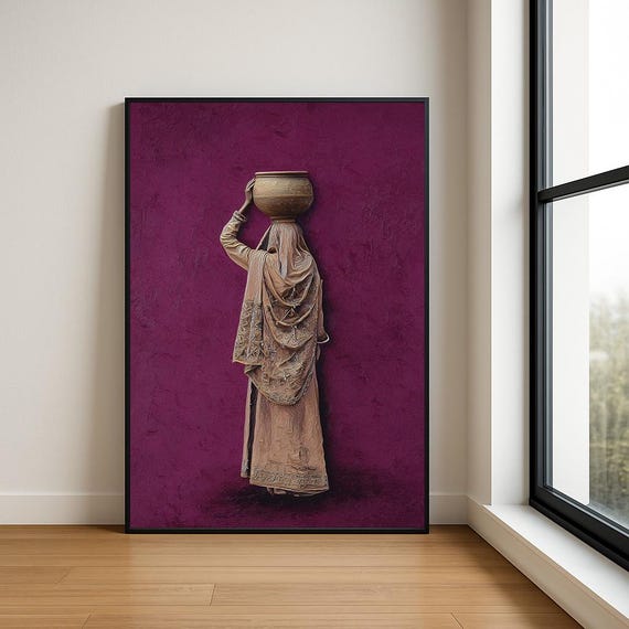 Traditional South Asian Woman Wall Oil Painting Luxury Textured Village Lady Decor
