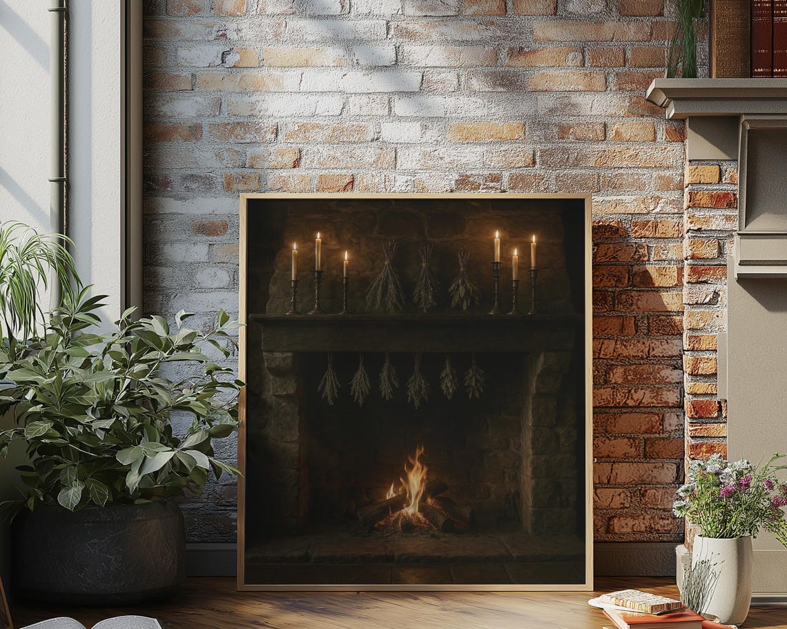 Moody Dark Fireplace With Candles Herbs Rustic French Wall Art