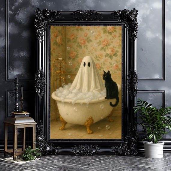 Halloween Bathroom Print Black Cat In Tub