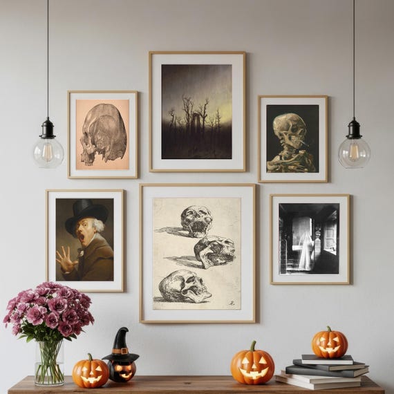 Eerie Halloween Prints Set Gothic Haunted Houses Skull Art