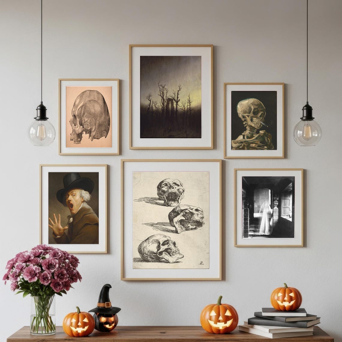Eerie Halloween Prints Set Gothic Haunted Houses Skull Art