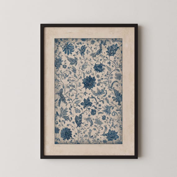 Blue Vintage Botanical Print French Country Floral Wall Art