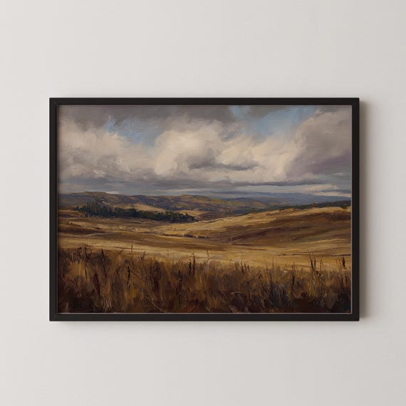 Golden Hour Fields Moody Autumn Cloudy Landscape Painting Rustic Fall Countryside Print