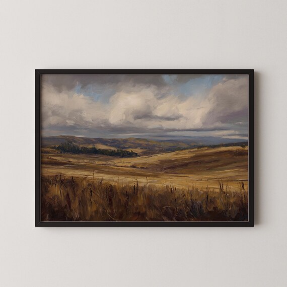 Golden Hour Fields with Moody Cloudy Sky Autumn Landscape Poster