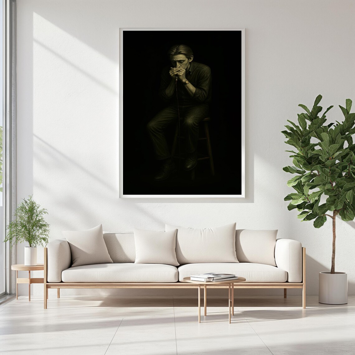 Blues Harmonica Player Seated Portrait Black And White Oil Painting Music Art Poster