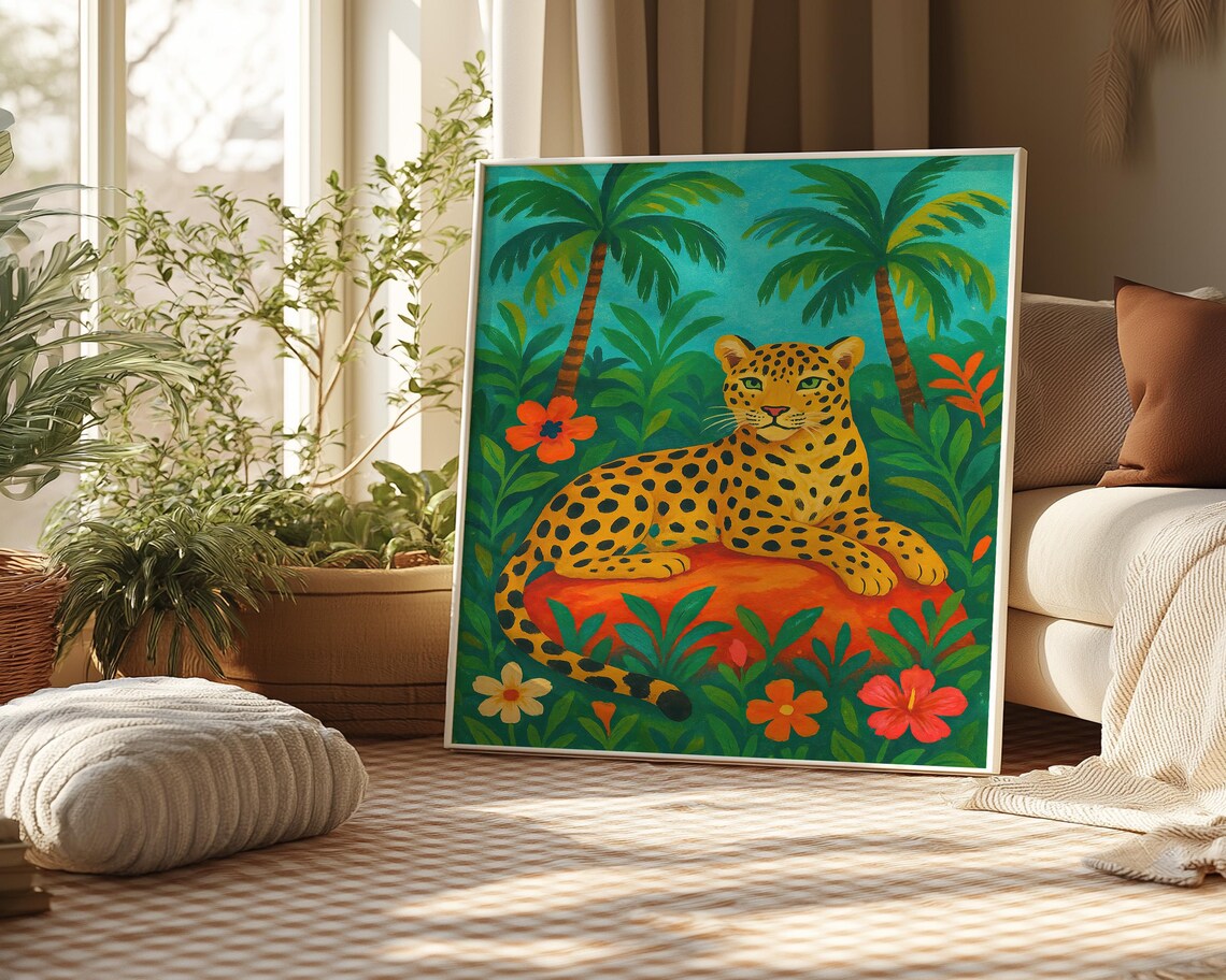 Tropical Leopard Lounging in Jungle Palm Trees Colorful Poster