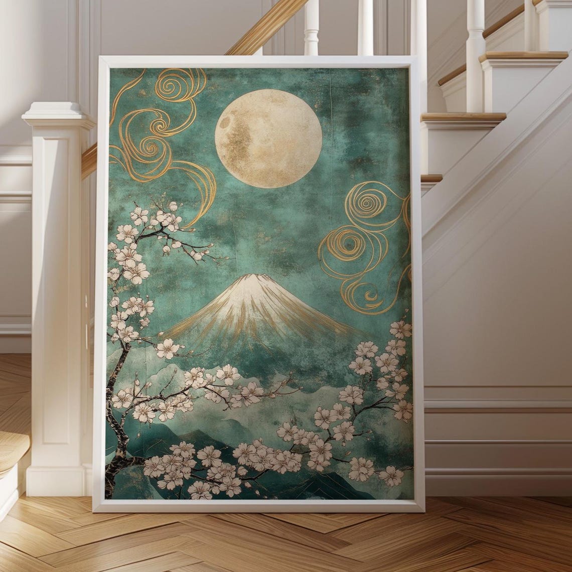 Mount Fuji Moonlit Night Cherry Blossom Gold Japanese Art Poster