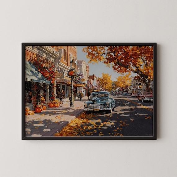 Classic Vintage Car On An Autumn Main Street Fall Town Poster