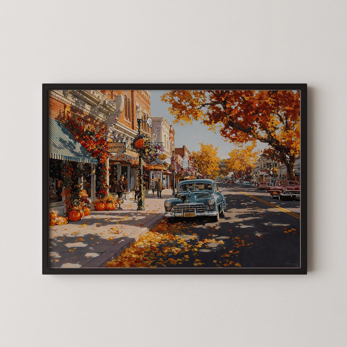 Classic Vintage Car On An Autumn Main Street Fall Town Poster