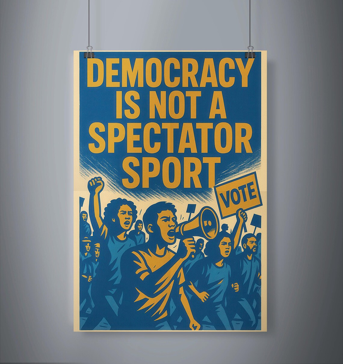 Democracy Protest Art Print, Blue Gold Vote Sign