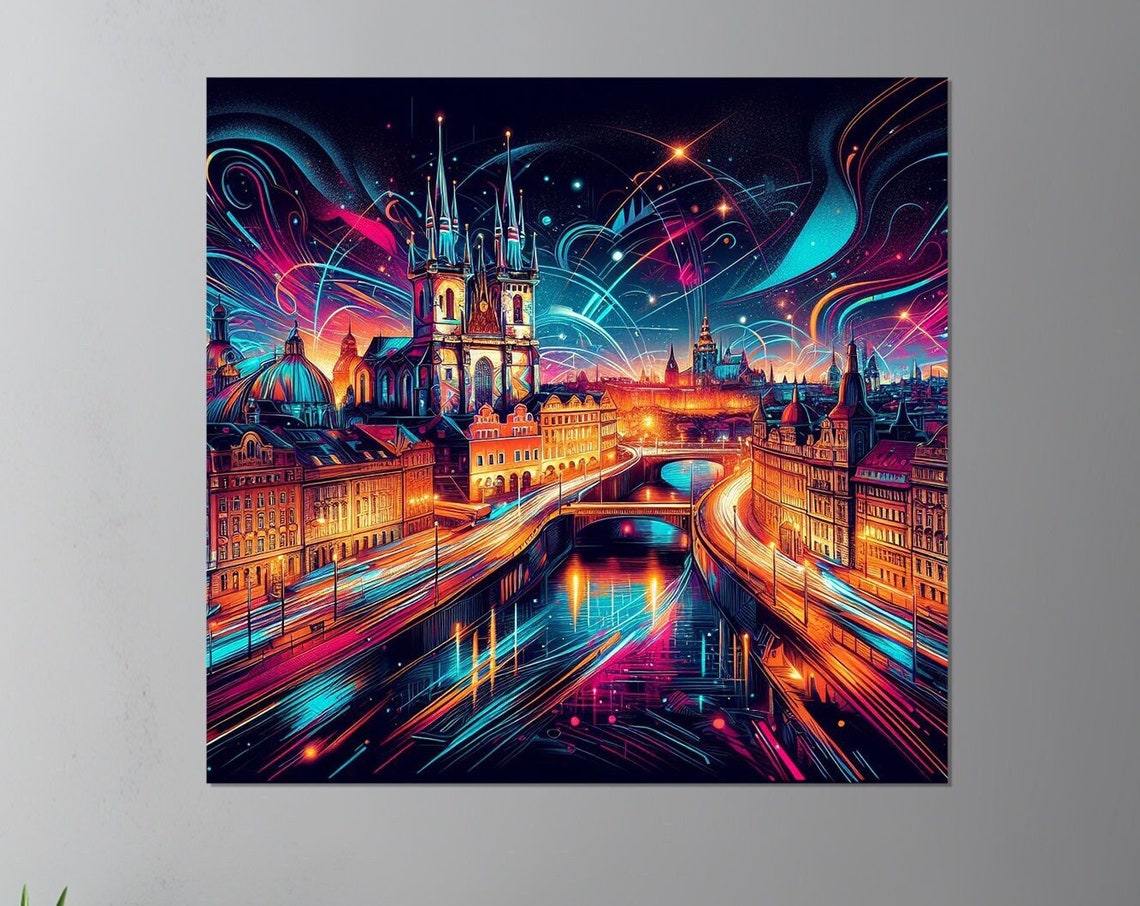 Prague Neon Night Old Town Bridge Lights Cityscape Travel Poster