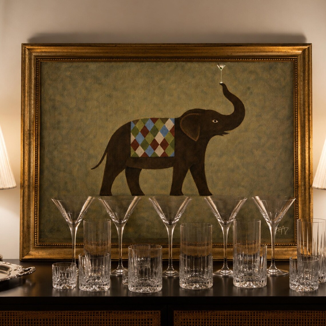 Abstract Minimalist Elephant With Martini, Art Print