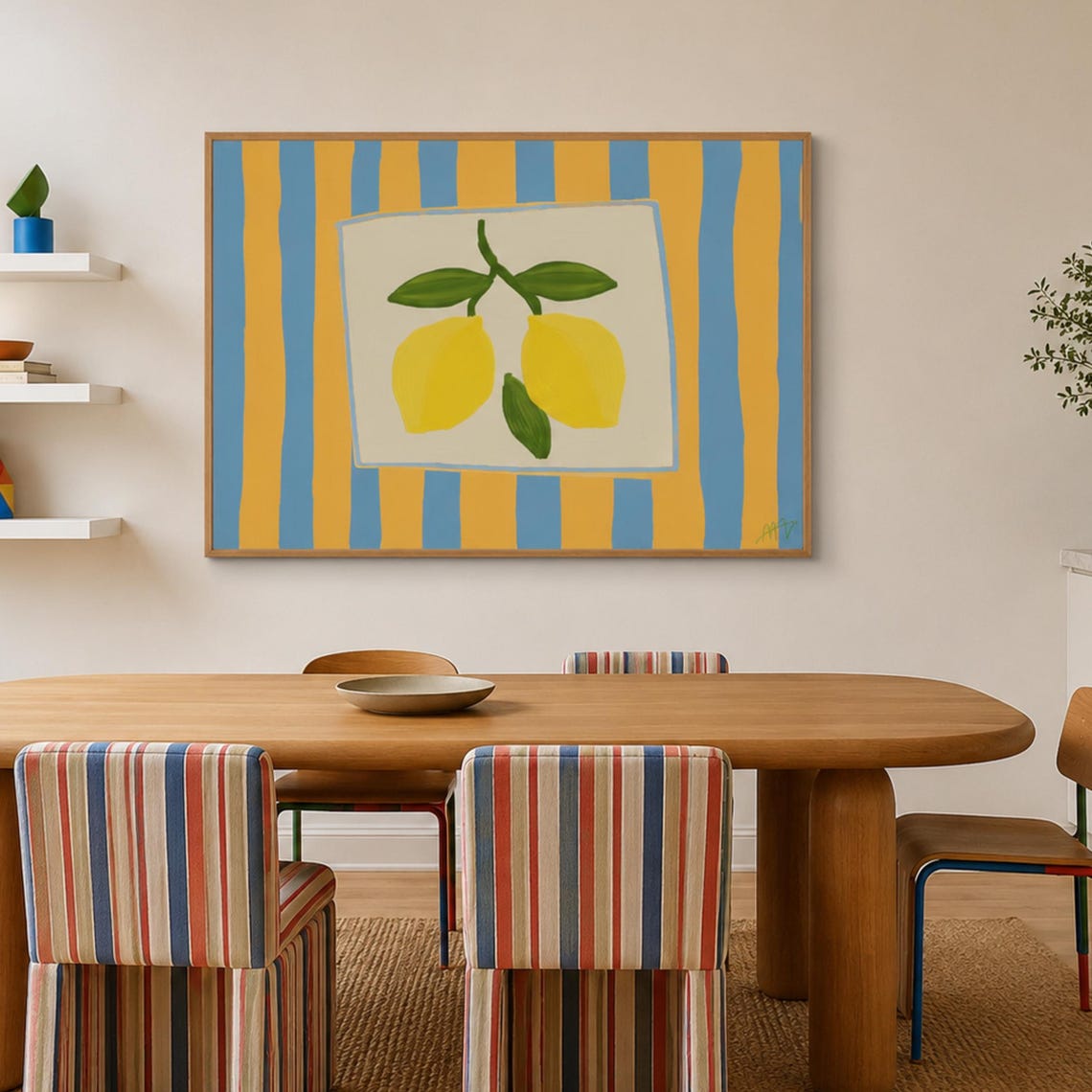 Yellow Lemons Illustration On Blue And Yellow Striped Art Poster