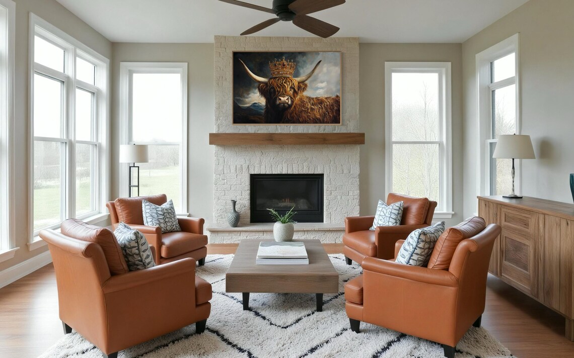 Highland Cow Wearing Jeweled Gold Crown Under Stormy Sky Poster - Image 2