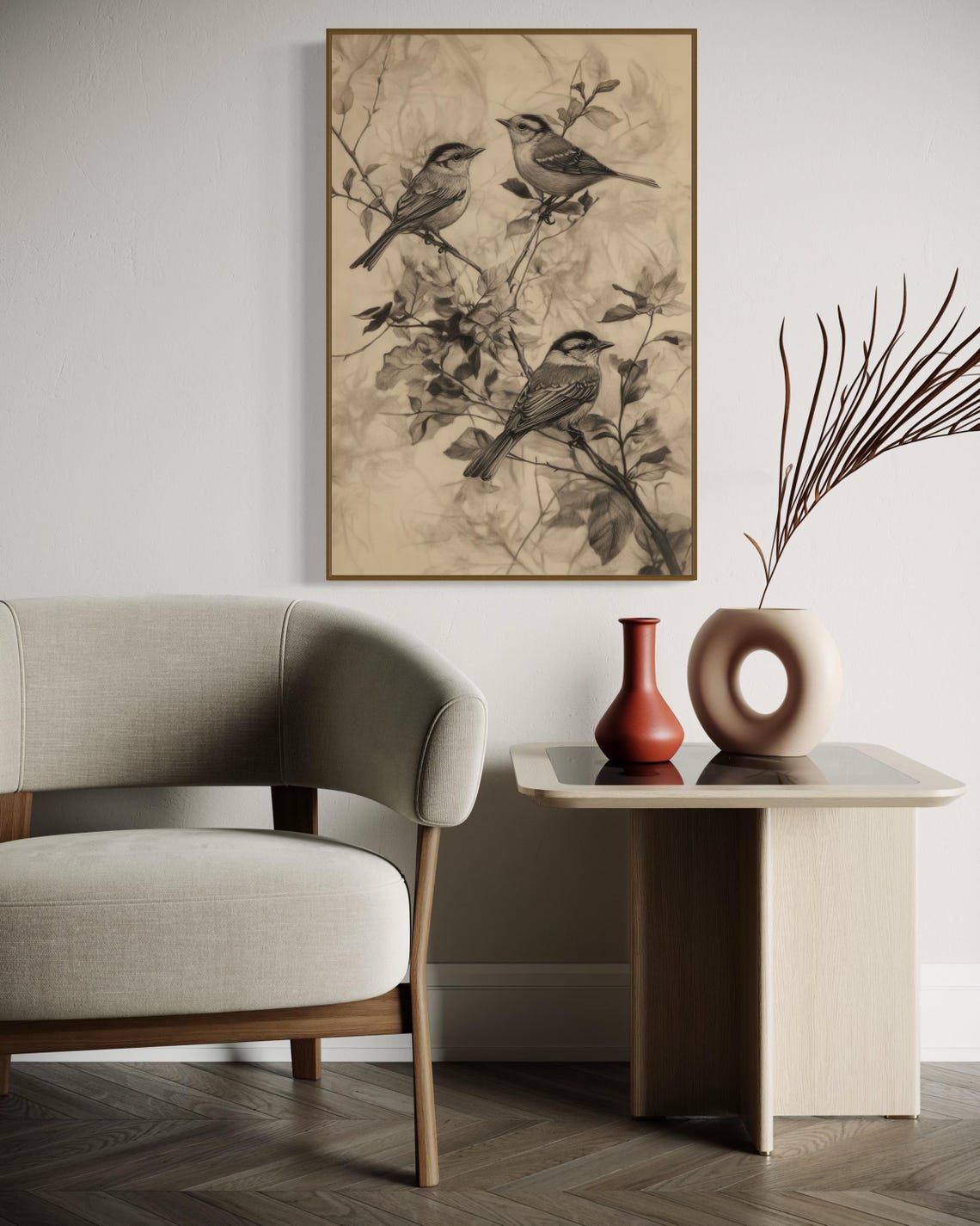Three Songbirds on Branches Vintage Charcoal Sketch Art Poster - Image 2