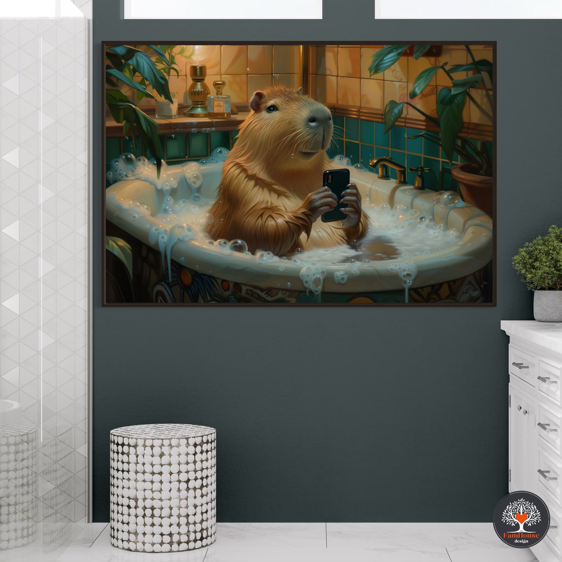 Whimsical Capybara Bath Time Relaxing in Vintage Bubble Bathtub Poster - Image 2