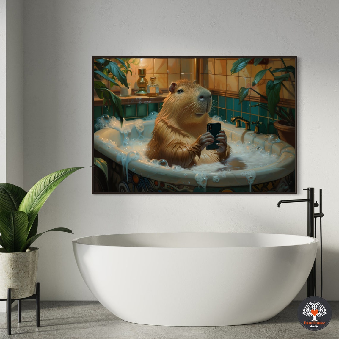 Whimsical Capybara Bath Time Relaxing in Vintage Bubble Bathtub Poster - Image 3
