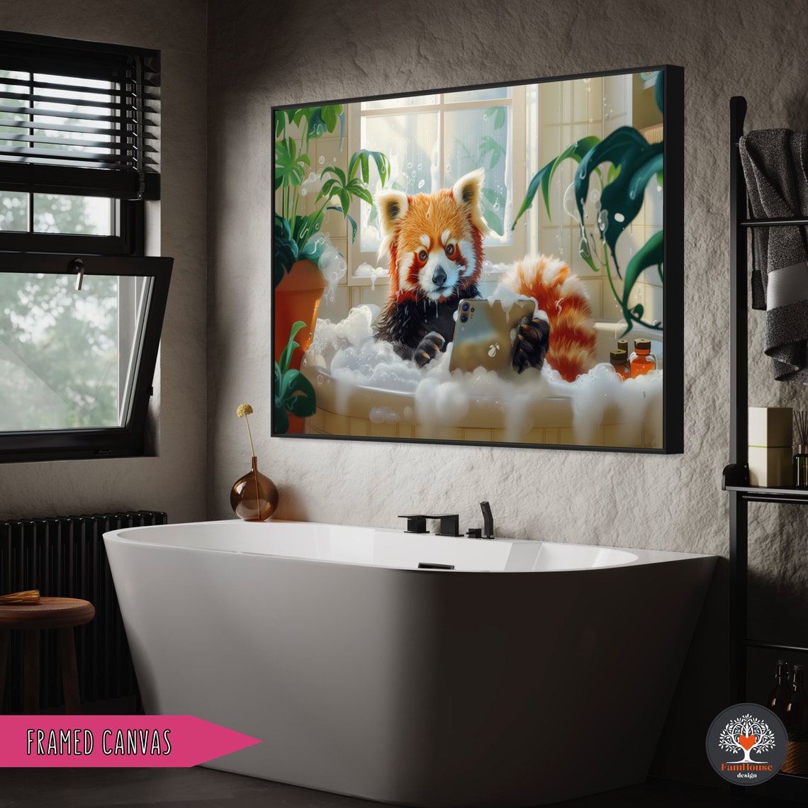Red Panda Bath Time Relaxing in Bubble Bath with Phone Poster - Image 2