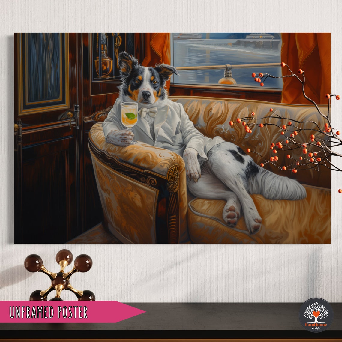 Australian Shepherd in White Tuxedo Lounging with Cocktail Poster - Image 4