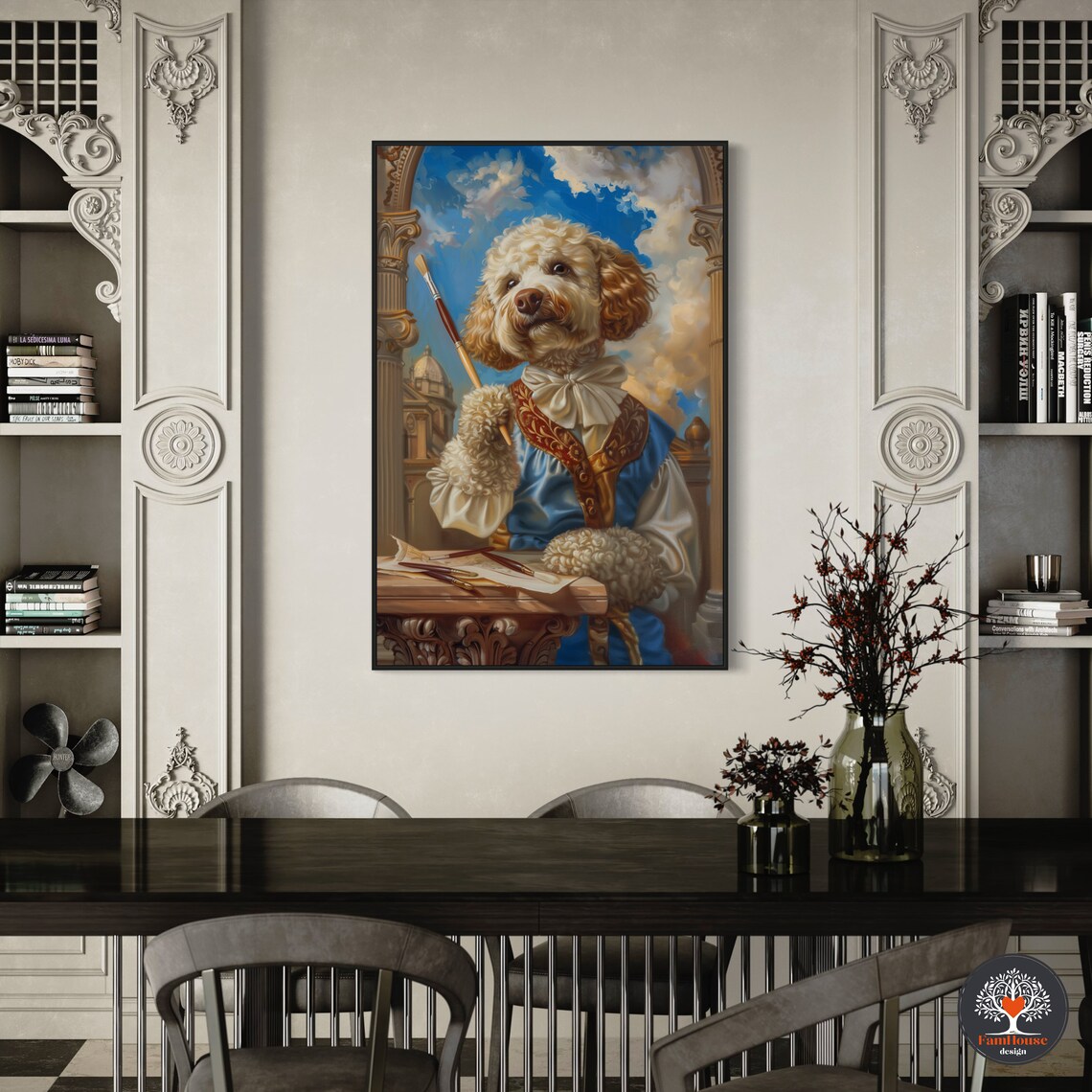 Curly Cream Dog Artist in Blue Baroque Coat Painting Studio Poster - Image 3