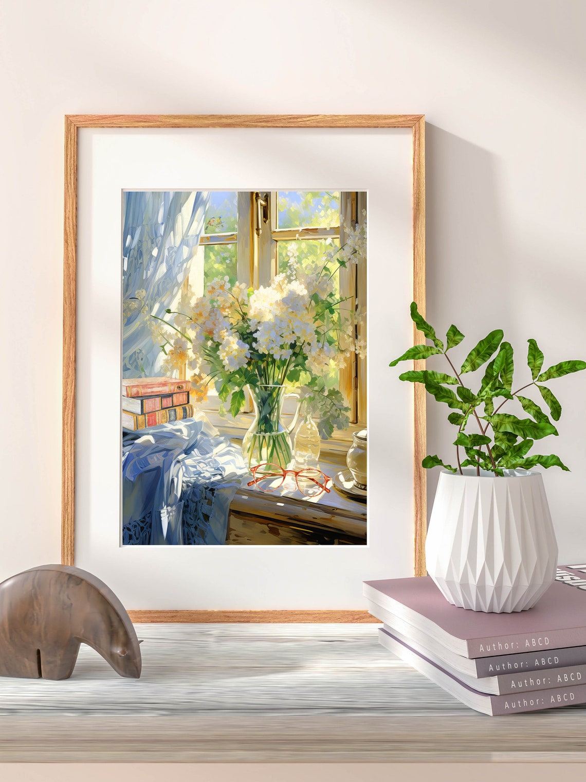 Sunlit Window with Lilacs Books and Teapot Still Life Wall Poster - Image 3