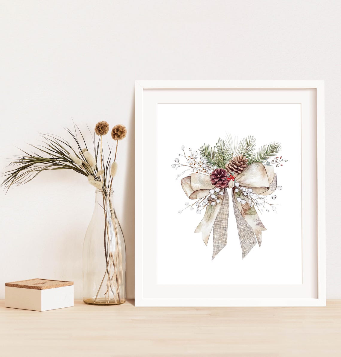 Rustic Holiday Bow Pinecones Berries Watercolor Christmas Poster - Image 3