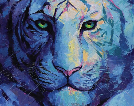 White Tiger Face Close Up Blue Hues Piercing Green Eyes Poster