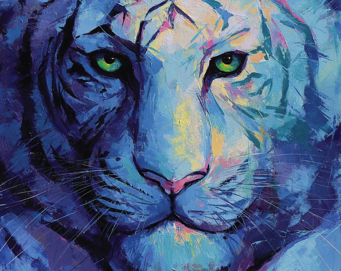 White Tiger Face Close Up Blue Hues Piercing Green Eyes Poster