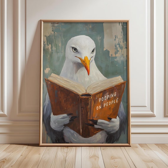 Funny Bathroom Print Wall Decor Seagull Pooping On People Book Poster Humorous Prints Toilet Art Optional Frame