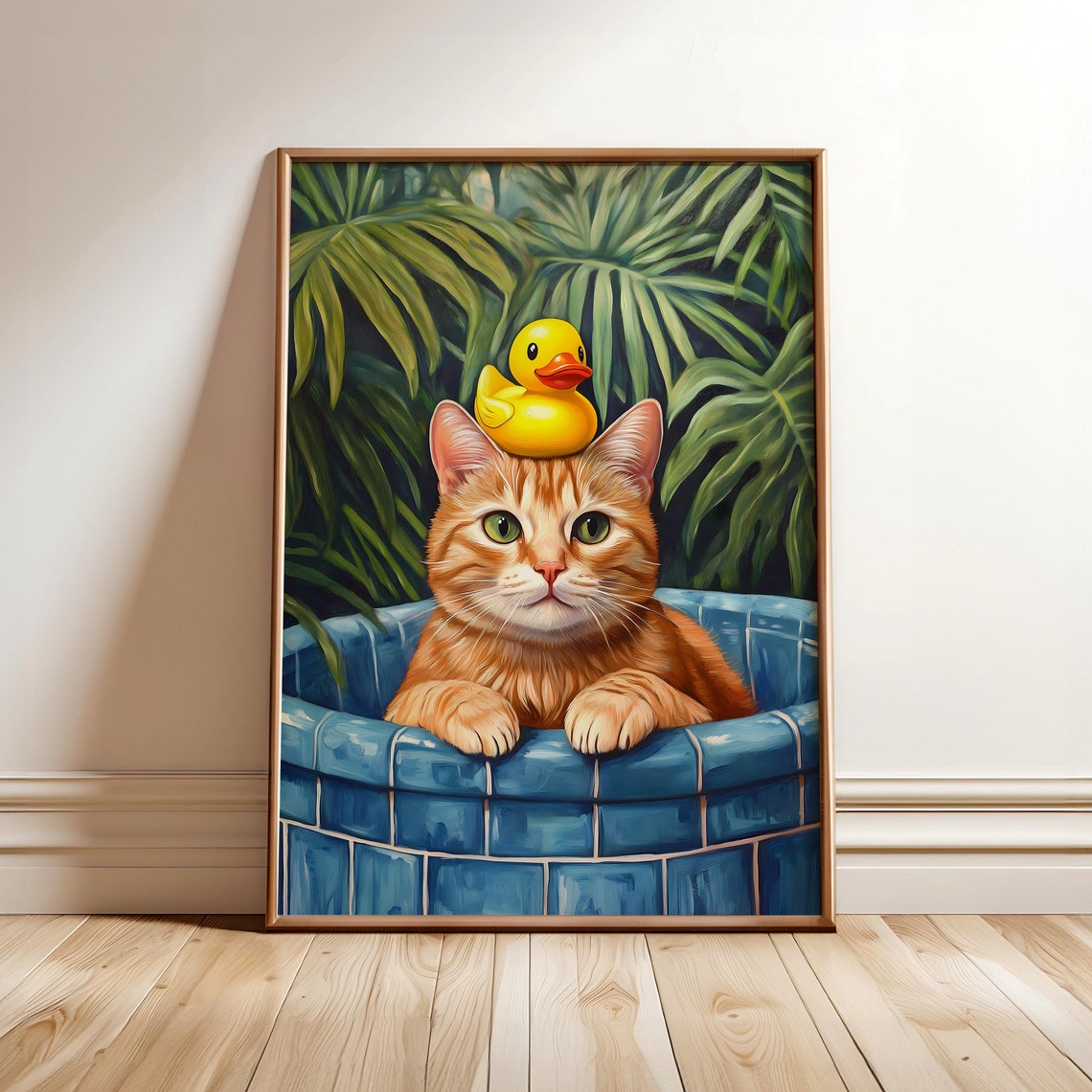 Orange Cat in Blue Bathtub With Rubber Duck Funny Bathroom Poster