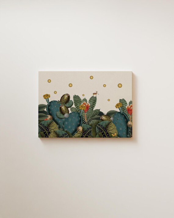 Whimsical Cactus Garden Botanical Collage With Tiny Deer Art Print